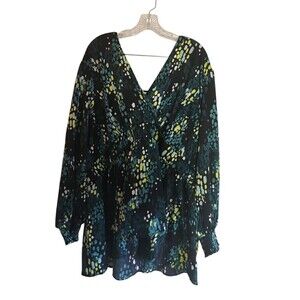 Torrid Top Women's Size 4X Black Green Brush Rain Dot Long Sleeve Satin